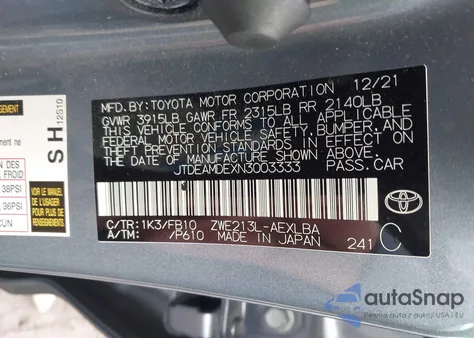 2022 Toyota Corolla Hybrid Le z USA, uszkodzony, nr VIN JTDEAMDEXN3003333